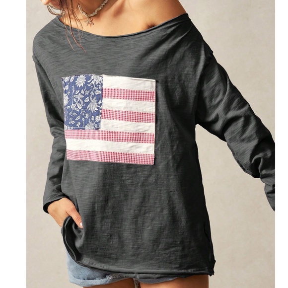 Floral Print Flag Patch cotton Loose Fit Long Sleeve Top - Picture 4 of 5